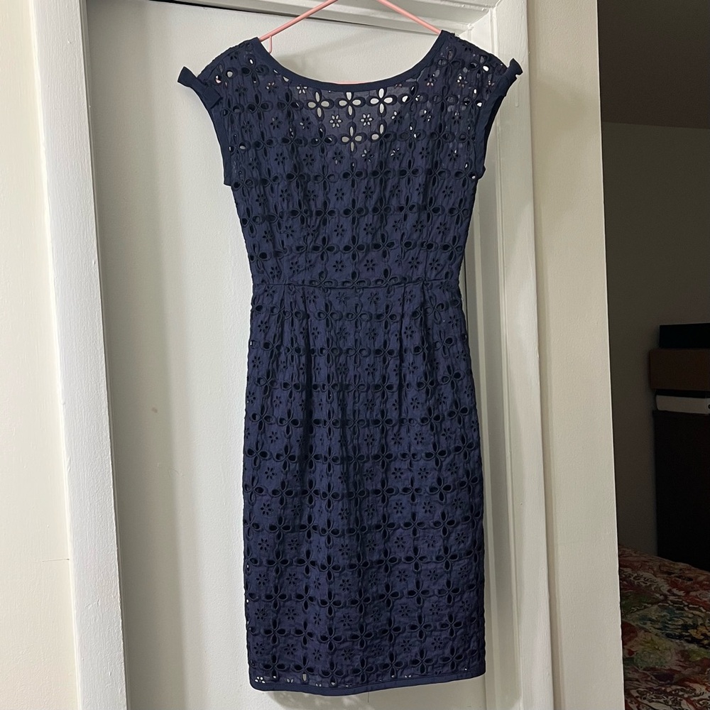 Nanette Lepore, Navy blue eyelet lace pencil dress, size 0
